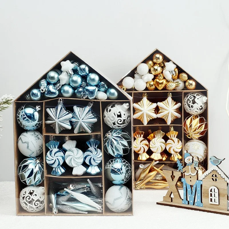 73Pcs / Set Christmas Ornaments Set Xmas Painted Ball Hanging Baubles Holiday Gift Decorations - Light Blue+White