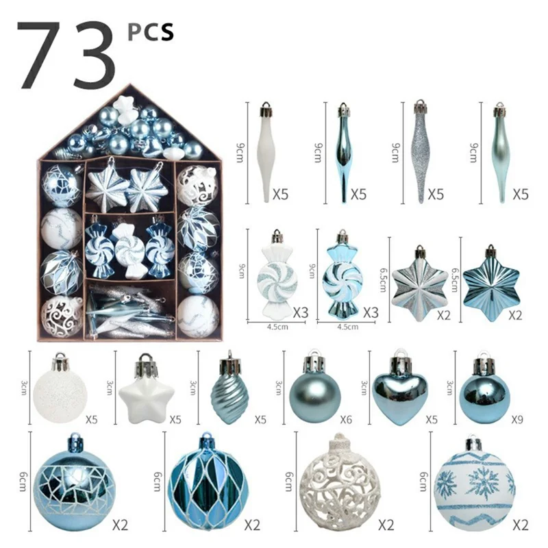 73Pcs / Set Christmas Ornaments Set Xmas Painted Ball Hanging Baubles Holiday Gift Decorations - Light Blue+White