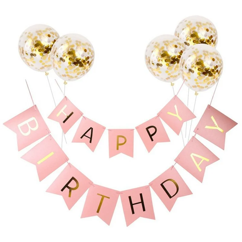 Bannière Joyeux Anniversaire avec Ensemble de Ballons en Feuille d'Or Scintillant de 12 Pouces - Décoration de Fête d'Anniversaire - Or+Rose