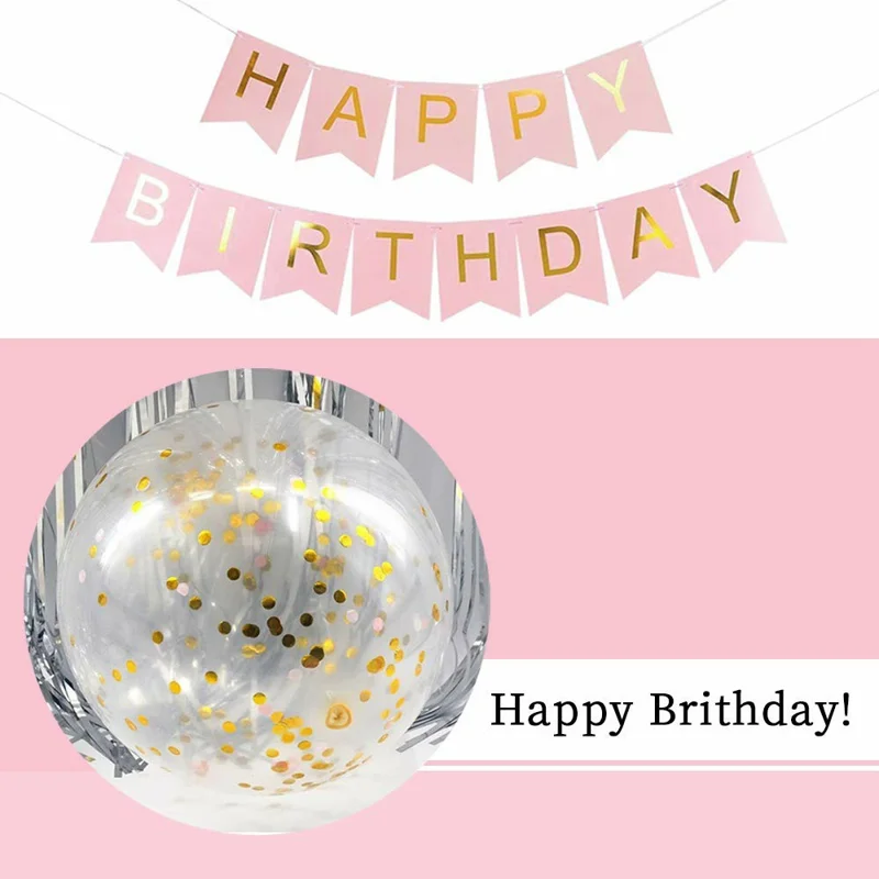 Bannière Joyeux Anniversaire avec Ensemble de Ballons en Feuille d'Or Scintillant de 12 Pouces - Décoration de Fête d'Anniversaire - Or+Rose