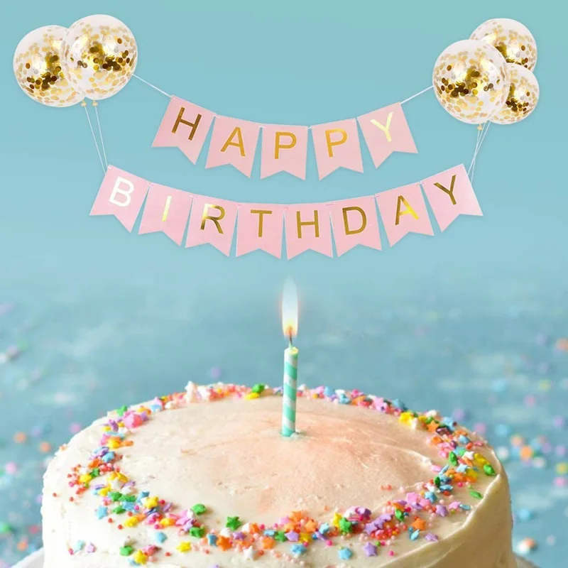 Bannière Joyeux Anniversaire avec Ensemble de Ballons en Feuille d'Or Scintillant de 12 Pouces - Décoration de Fête d'Anniversaire - Or+Rose