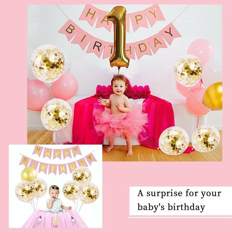 Bannière Joyeux Anniversaire avec Ensemble de Ballons en Feuille d'Or Scintillant de 12 Pouces - Décoration de Fête d'Anniversaire - Or+Rose