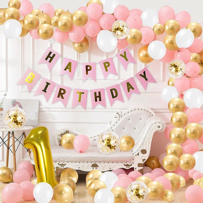 Bannière Joyeux Anniversaire avec Ensemble de Ballons en Feuille d'Or Scintillant de 12 Pouces - Décoration de Fête d'Anniversaire - Or+Rose