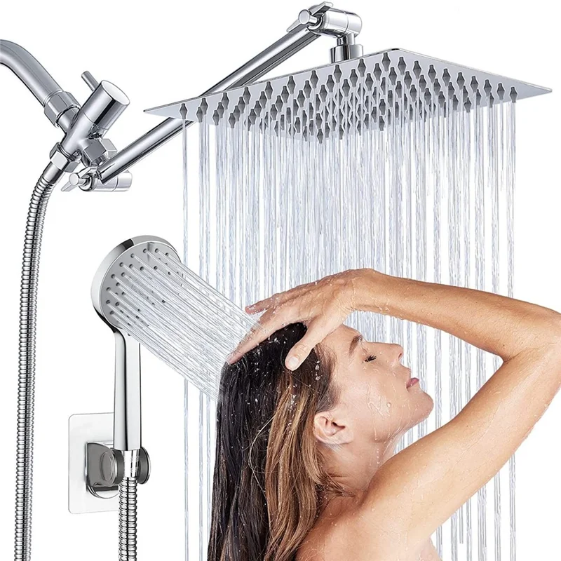 Chuveiro de Chuva Eletroplastificado de 8 Polegadas com Sistema de Chuveiro Montado na Parede com 5 Modos de Spray de Mão