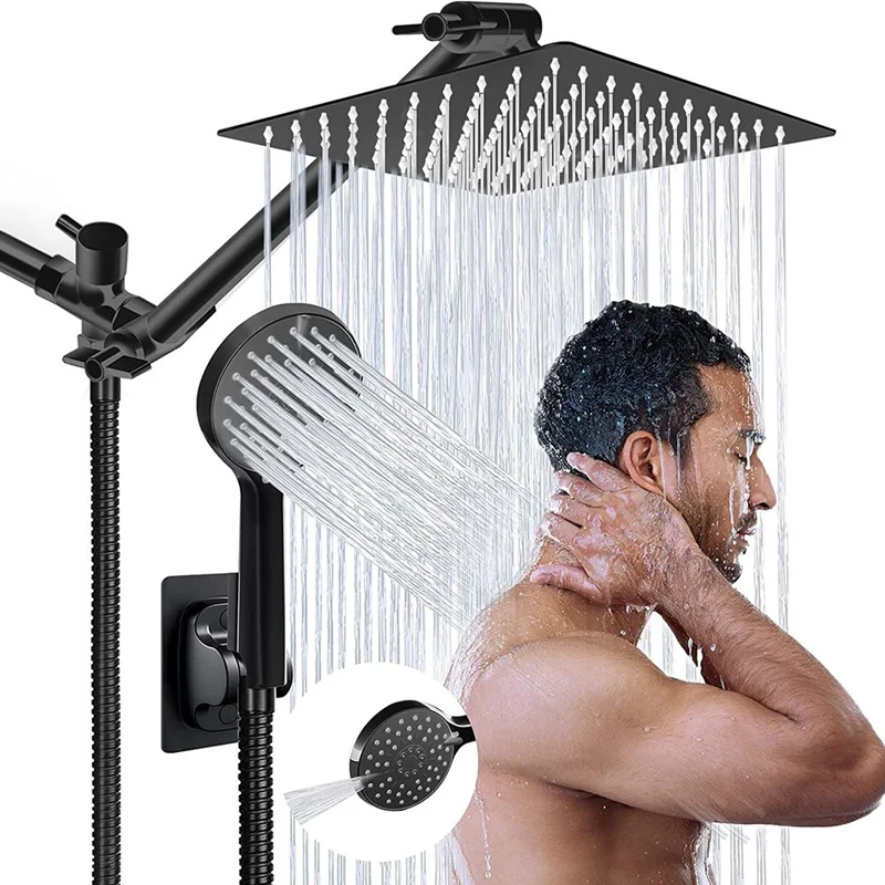 Chuveiro de Parede de 8 Polegadas com Cabeça de Chuva Preta e 5 Modos de Spray Manual em Sistema de Chuveiro