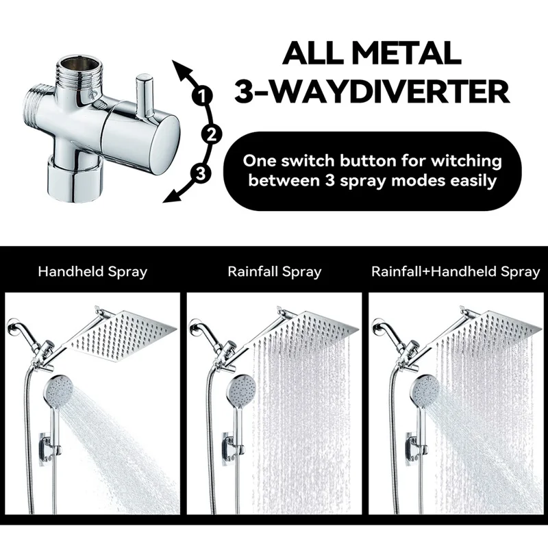 Chuveiro de Parede de 8 Polegadas com Cabeça de Chuva Preta e 5 Modos de Spray Manual em Sistema de Chuveiro