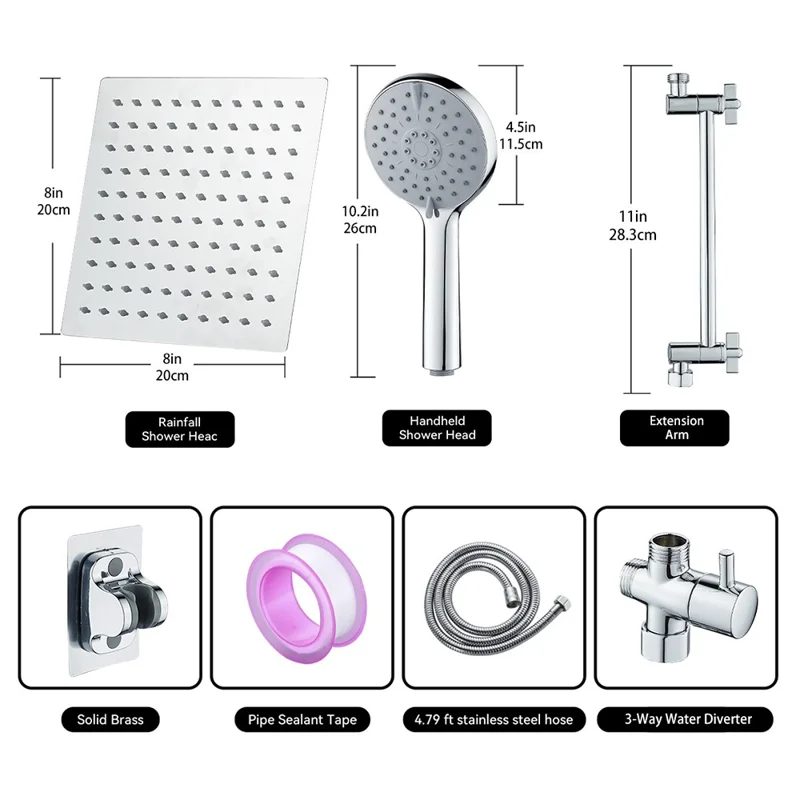 Chuveiro de Parede de 8 Polegadas com Cabeça de Chuva Preta e 5 Modos de Spray Manual em Sistema de Chuveiro