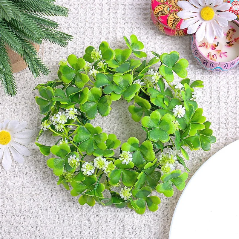 Couronne de bougie artificielle en trèfle de la Saint-Patrick, Guirlande florale de décoration de table pour le printemps