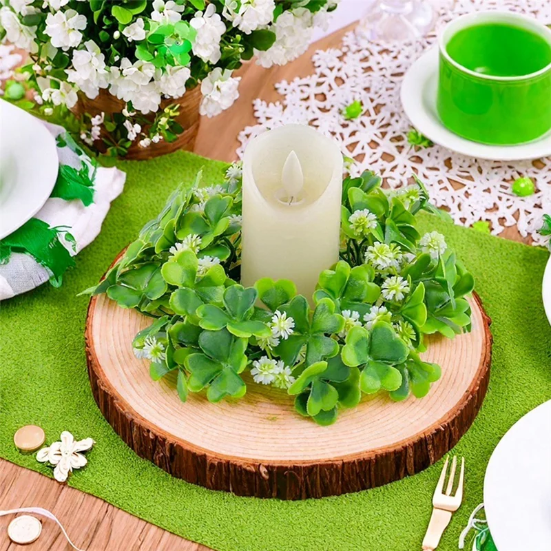 Couronne de bougie artificielle en trèfle de la Saint-Patrick, Guirlande florale de décoration de table pour le printemps