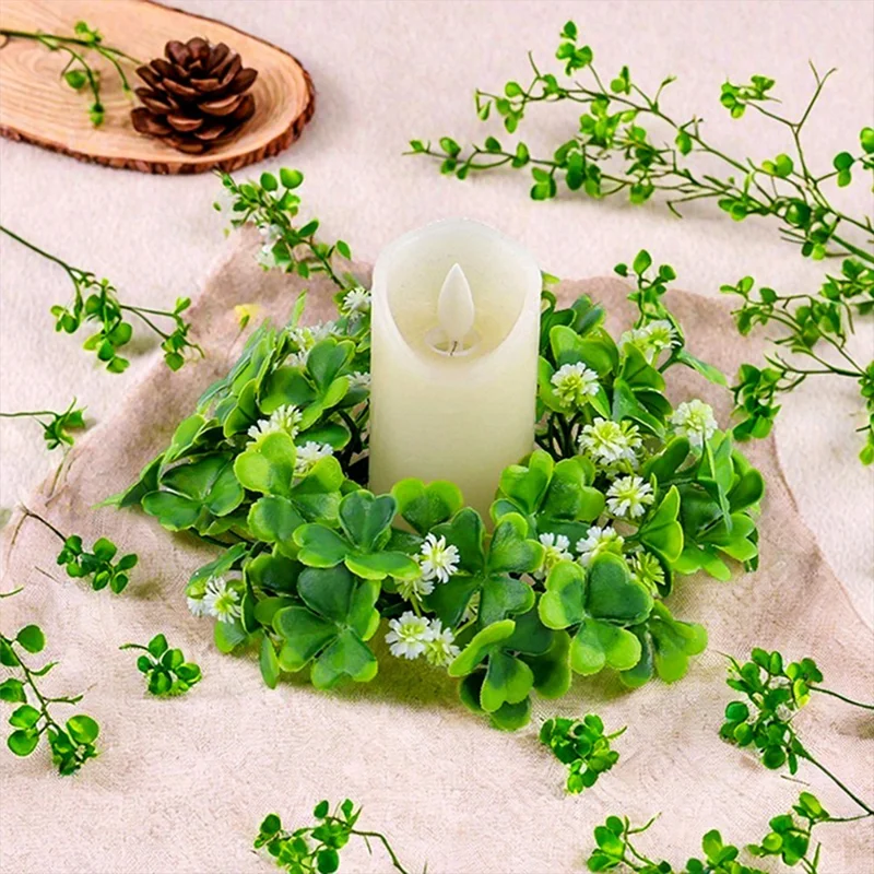 Couronne de bougie artificielle en trèfle de la Saint-Patrick, Guirlande florale de décoration de table pour le printemps