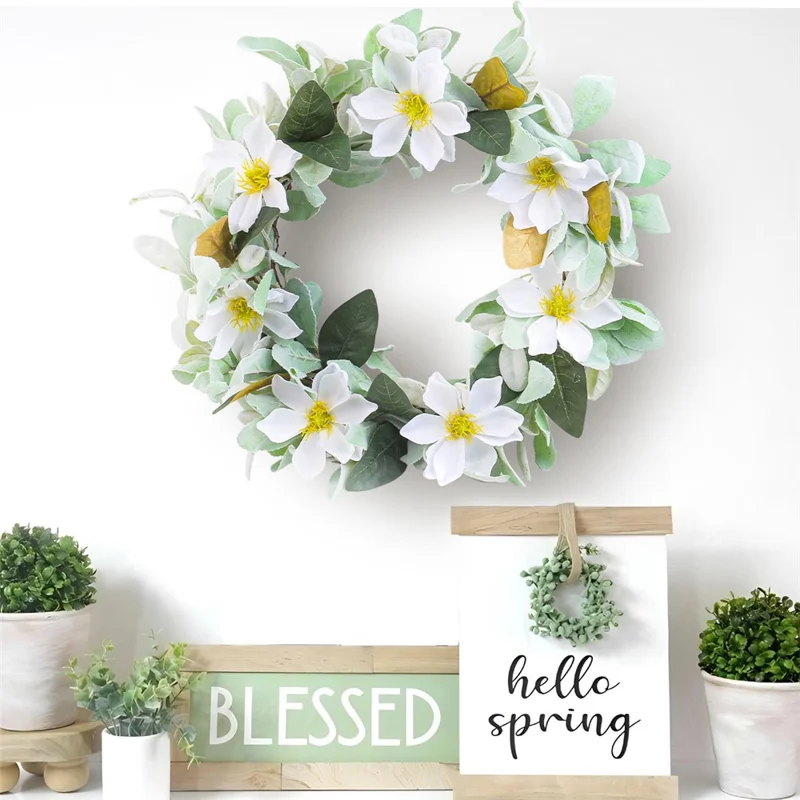 Artificial Magnolia Wreath Garland Door Wall Hanging Decor for Indoor Outdoor Wedding Garden