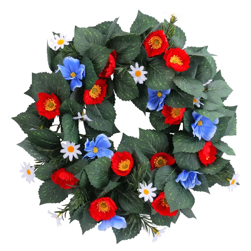 Ghirlanda decorativa per finestre e porte con fiori artificiali rossi e blu, con rami intrecciati per festività