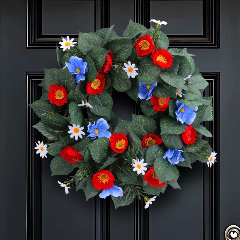 Ghirlanda decorativa per finestre e porte con fiori artificiali rossi e blu, con rami intrecciati per festività