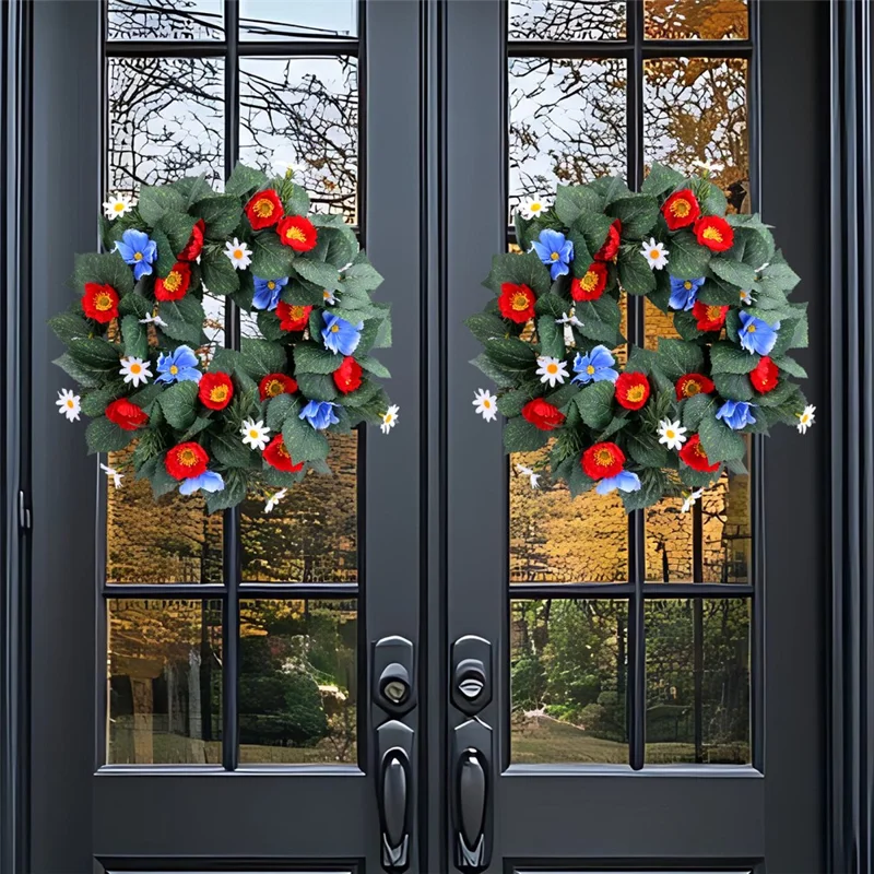 Ghirlanda decorativa per finestre e porte con fiori artificiali rossi e blu, con rami intrecciati per festività