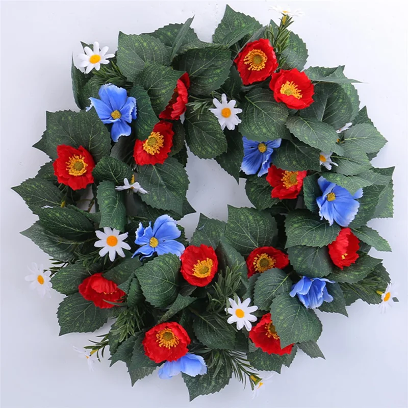 Ghirlanda decorativa per finestre e porte con fiori artificiali rossi e blu, con rami intrecciati per festività