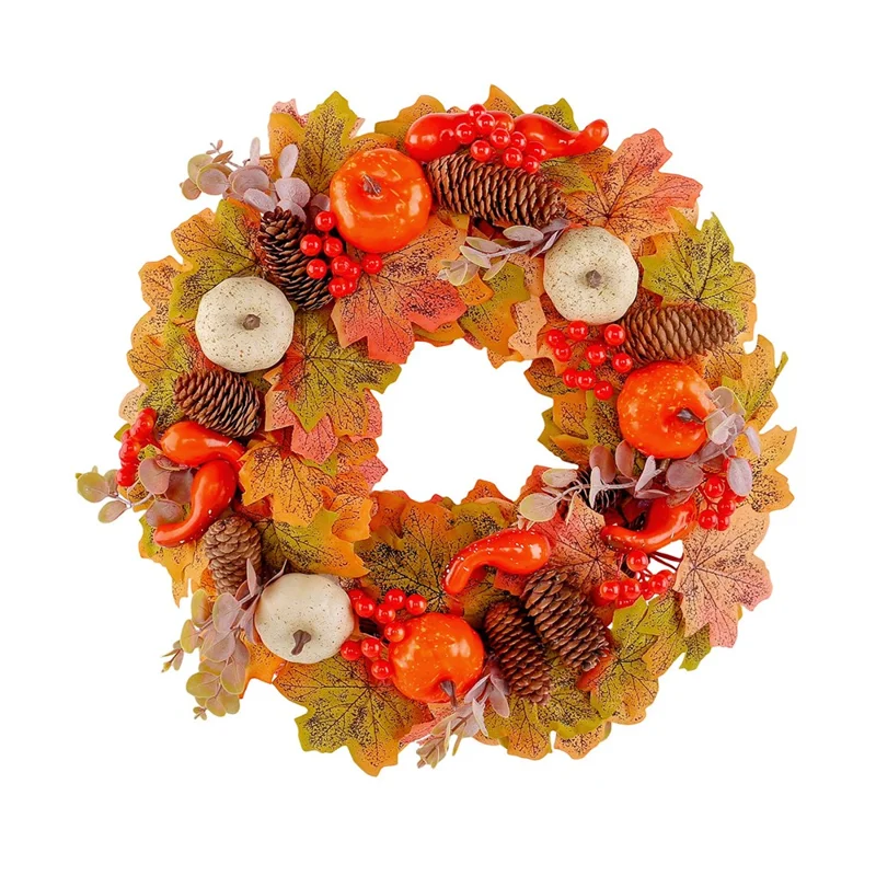 Autumn Pumpkin Pine Cone Wreath For Door Window Thanksgiving Decor Wall Hanging Berries Maple Leaf Garland
