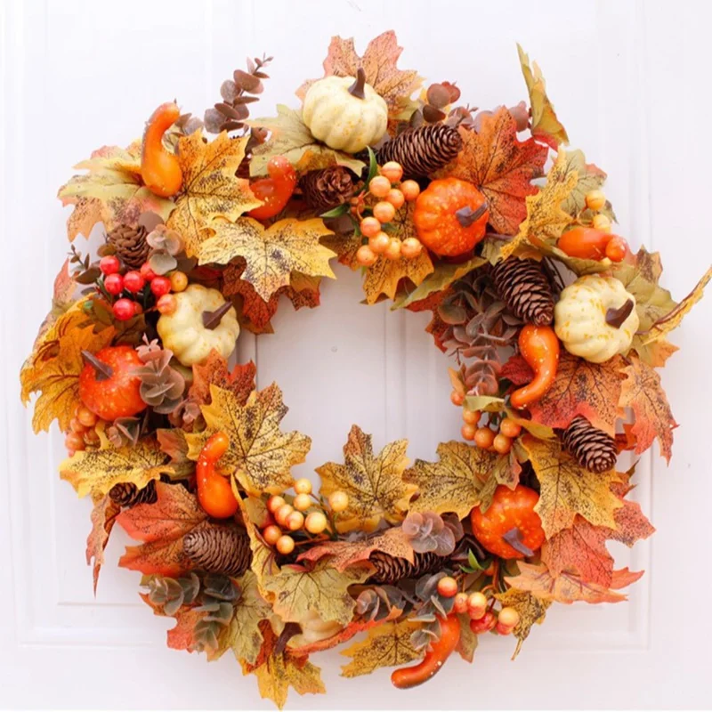 Autumn Pumpkin Pine Cone Wreath For Door Window Thanksgiving Decor Wall Hanging Berries Maple Leaf Garland