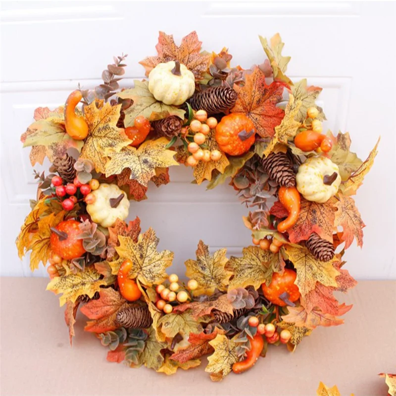 Autumn Pumpkin Pine Cone Wreath For Door Window Thanksgiving Decor Wall Hanging Berries Maple Leaf Garland
