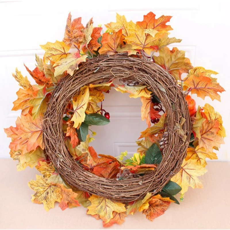 Autumn Pumpkin Pine Cone Wreath For Door Window Thanksgiving Decor Wall Hanging Berries Maple Leaf Garland