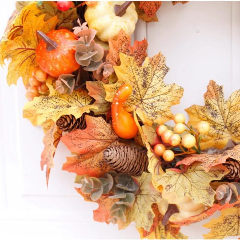 Autumn Pumpkin Pine Cone Wreath For Door Window Thanksgiving Decor Wall Hanging Berries Maple Leaf Garland
