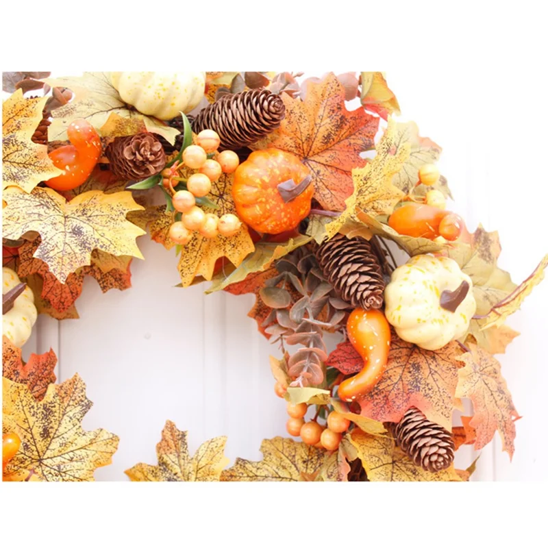 Autumn Pumpkin Pine Cone Wreath For Door Window Thanksgiving Decor Wall Hanging Berries Maple Leaf Garland