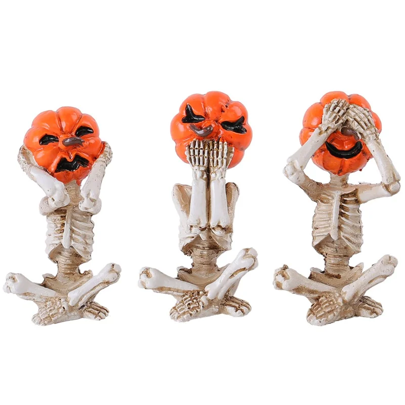Conjunto de 3 Peças de Figurinhas de Meditação Yoga Abóbora Caveira para Decoração de Halloween em Casa - Estilo Gótico de Terror