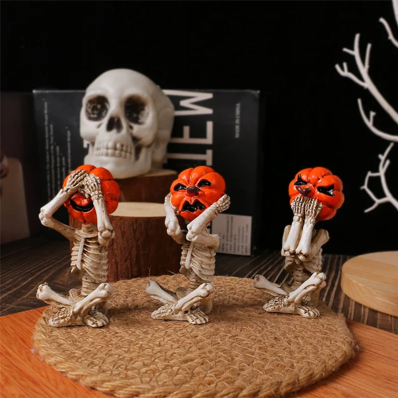 Conjunto de 3 Peças de Figurinhas de Meditação Yoga Abóbora Caveira para Decoração de Halloween em Casa - Estilo Gótico de Terror