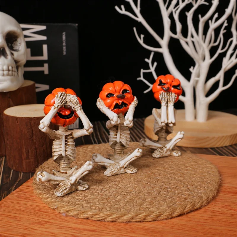 Conjunto de 3 Peças de Figurinhas de Meditação Yoga Abóbora Caveira para Decoração de Halloween em Casa - Estilo Gótico de Terror