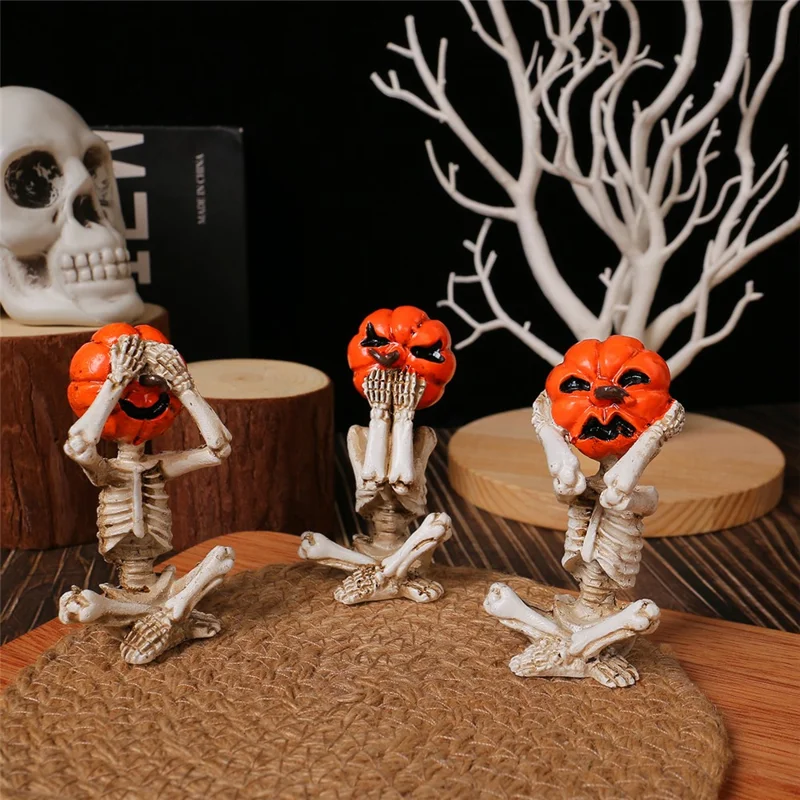 Conjunto de 3 Peças de Figurinhas de Meditação Yoga Abóbora Caveira para Decoração de Halloween em Casa - Estilo Gótico de Terror