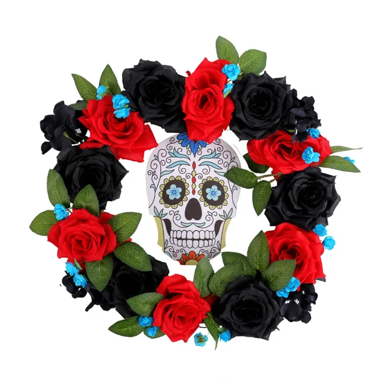 Halloween Wreath with Skull and Roses 13.77 Inch Diameter Spooky Decoration for Home Wall Window