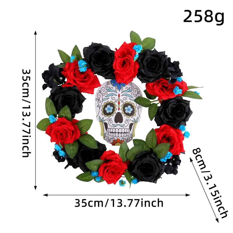 Halloween Wreath with Skull and Roses 13.77 Inch Diameter Spooky Decoration for Home Wall Window
