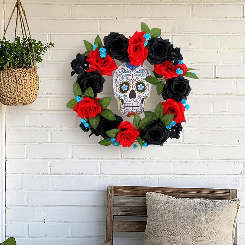 Halloween Wreath with Skull and Roses 13.77 Inch Diameter Spooky Decoration for Home Wall Window
