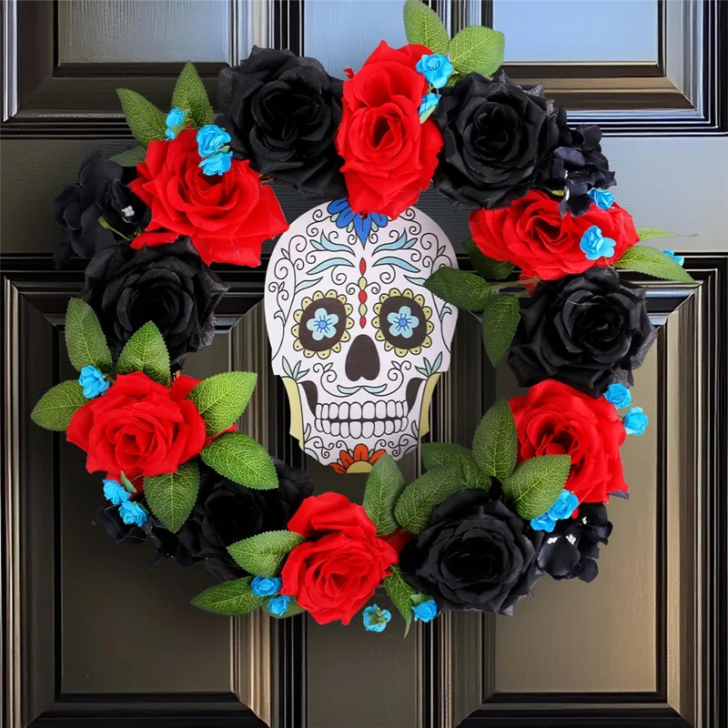 Halloween Wreath with Skull and Roses 13.77 Inch Diameter Spooky Decoration for Home Wall Window
