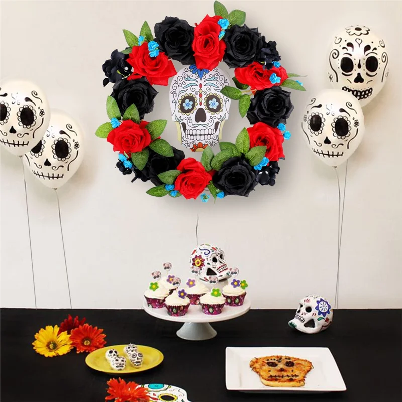 Halloween Wreath with Skull and Roses 13.77 Inch Diameter Spooky Decoration for Home Wall Window