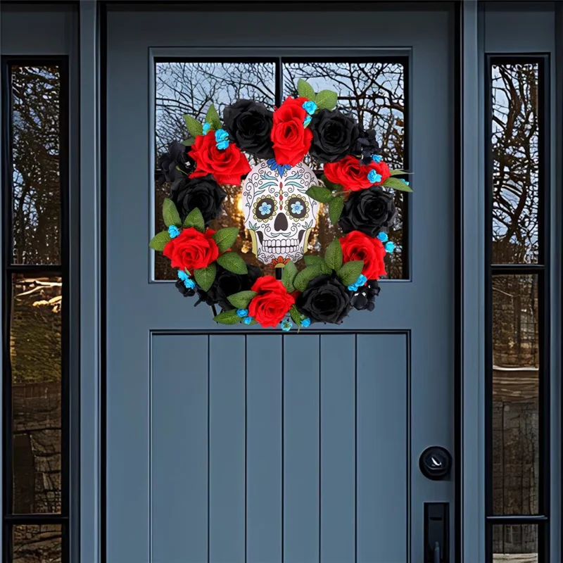 Halloween Wreath with Skull and Roses 13.77 Inch Diameter Spooky Decoration for Home Wall Window