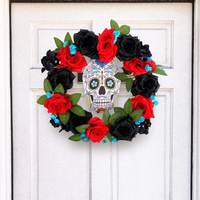 Halloween Wreath with Skull and Roses 13.77 Inch Diameter Spooky Decoration for Home Wall Window