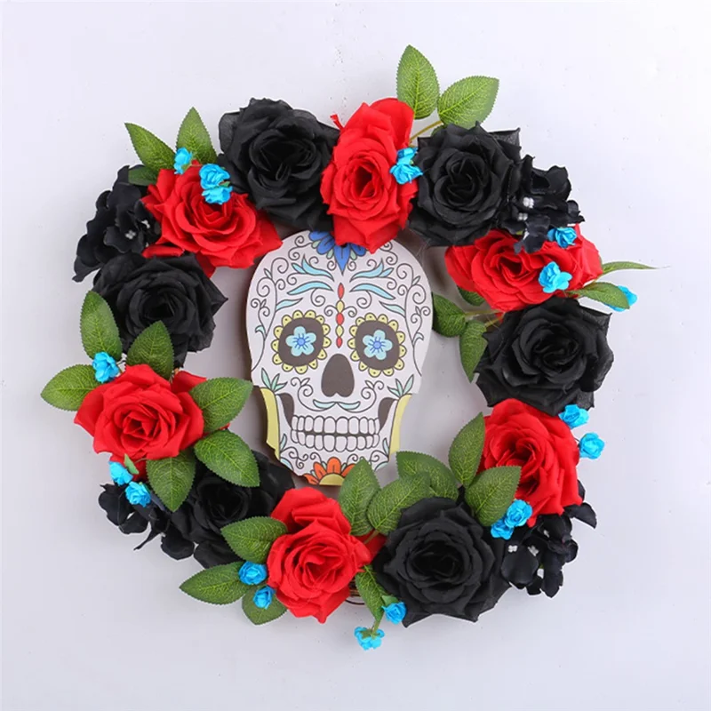Halloween Wreath with Skull and Roses 13.77 Inch Diameter Spooky Decoration for Home Wall Window