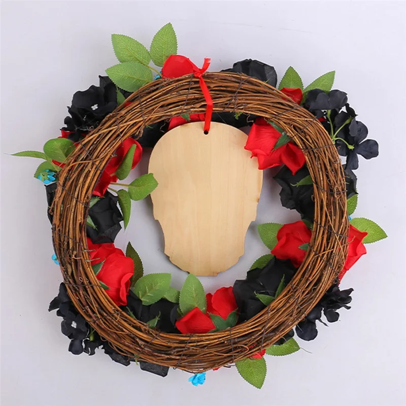 Halloween Wreath with Skull and Roses 13.77 Inch Diameter Spooky Decoration for Home Wall Window