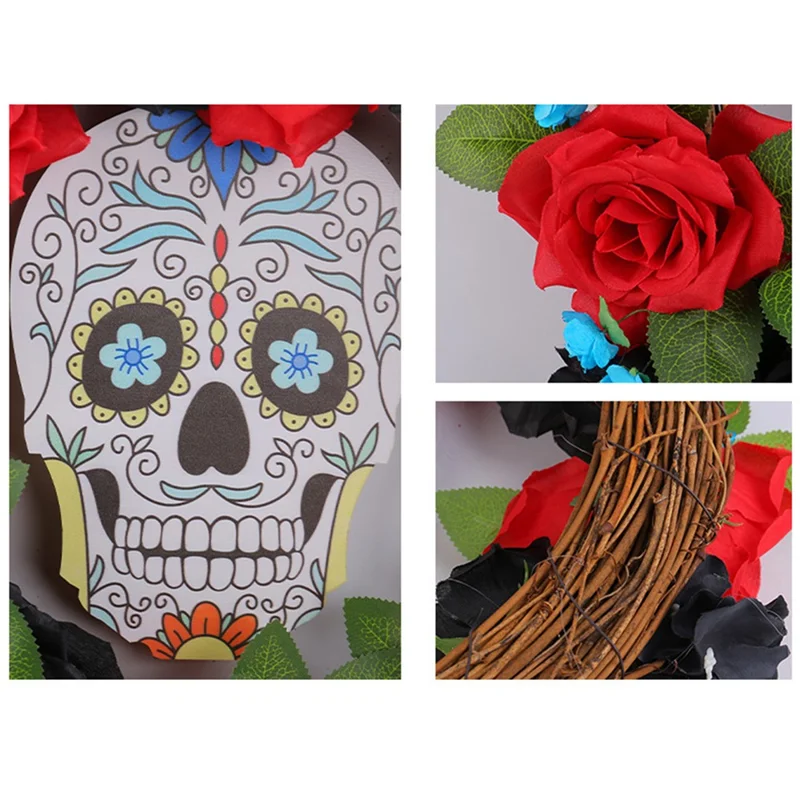 Halloween Wreath with Skull and Roses 13.77 Inch Diameter Spooky Decoration for Home Wall Window