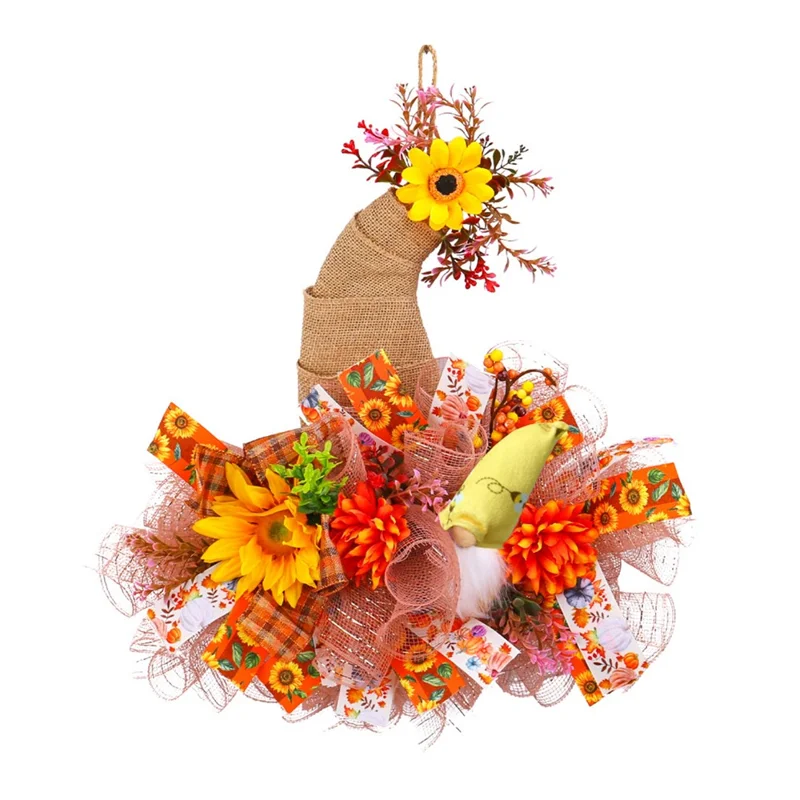 Autumn Harvest Wreath Door Hanger Sunflower Wall Decoration with Pumpkins Pinecones Dried Flowers