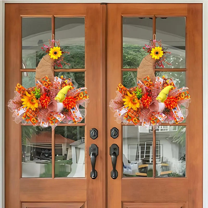 Autumn Harvest Wreath Door Hanger Sunflower Wall Decoration with Pumpkins Pinecones Dried Flowers