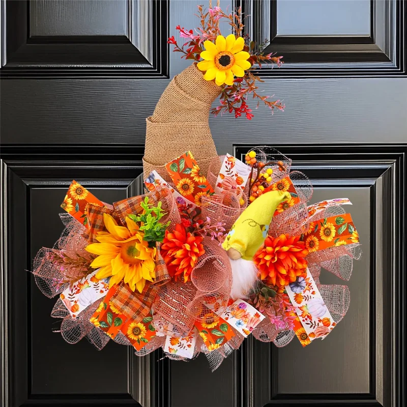 Autumn Harvest Wreath Door Hanger Sunflower Wall Decoration with Pumpkins Pinecones Dried Flowers