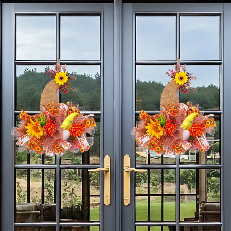 Autumn Harvest Wreath Door Hanger Sunflower Wall Decoration with Pumpkins Pinecones Dried Flowers