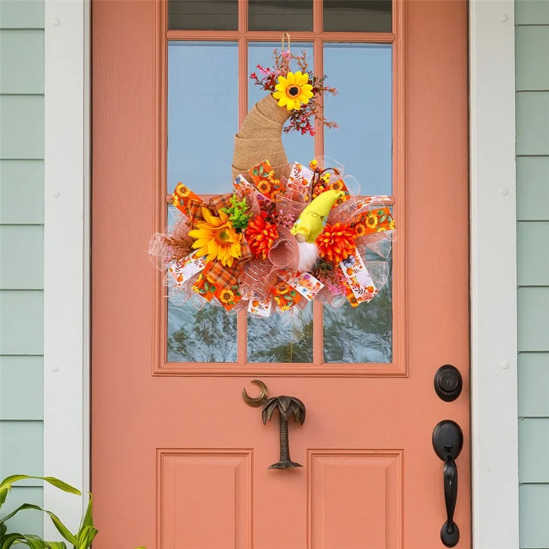 Autumn Harvest Wreath Door Hanger Sunflower Wall Decoration with Pumpkins Pinecones Dried Flowers