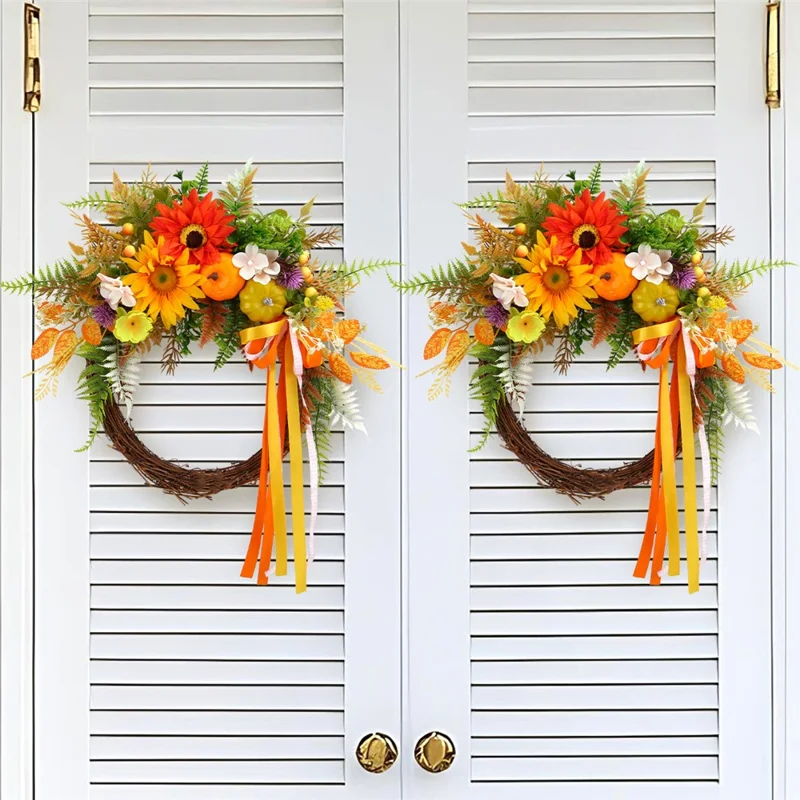 Artificial Sunflower Wreath For Front Door Autumn Harvest Pumpkin Dried Branches Greenery Wall Hanging Decor