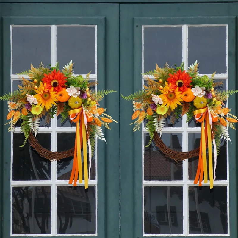 Artificial Sunflower Wreath For Front Door Autumn Harvest Pumpkin Dried Branches Greenery Wall Hanging Decor