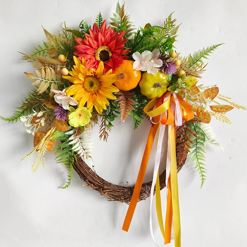 Artificial Sunflower Wreath For Front Door Autumn Harvest Pumpkin Dried Branches Greenery Wall Hanging Decor