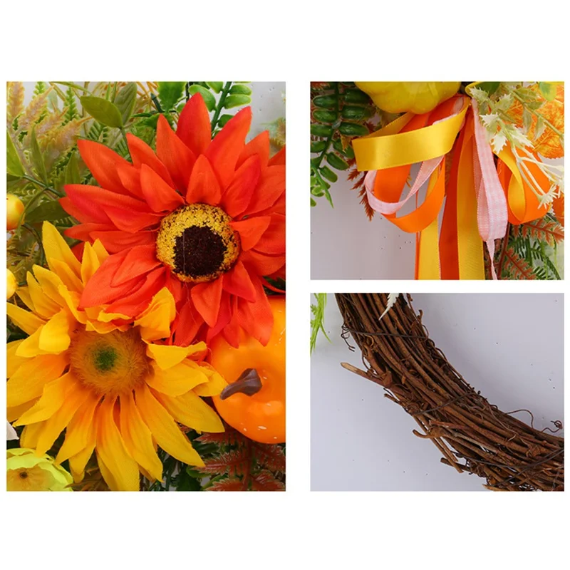 Artificial Sunflower Wreath For Front Door Autumn Harvest Pumpkin Dried Branches Greenery Wall Hanging Decor