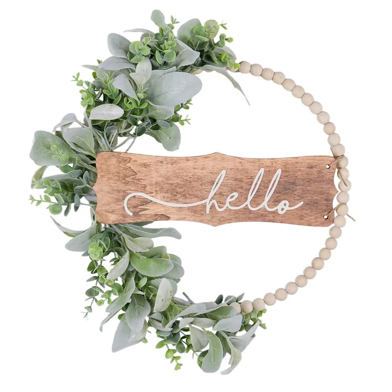Autumn Artificial Wooden Bead Wreath Door Hanger Farmhouse Welcome Sign Rattan Ring Wall Decor