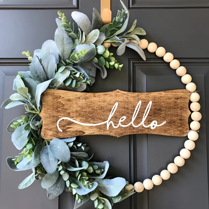 Autumn Artificial Wooden Bead Wreath Door Hanger Farmhouse Welcome Sign Rattan Ring Wall Decor